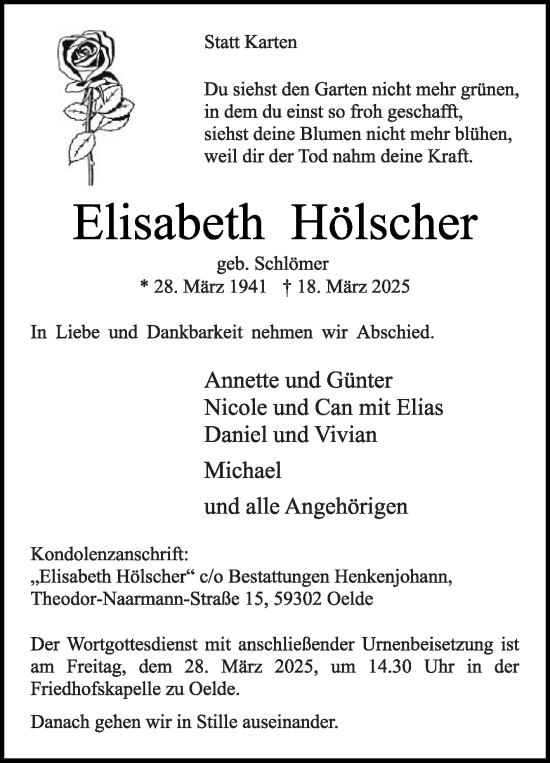 Traueranzeige von Elisabeth Hölscher von Die Glocke