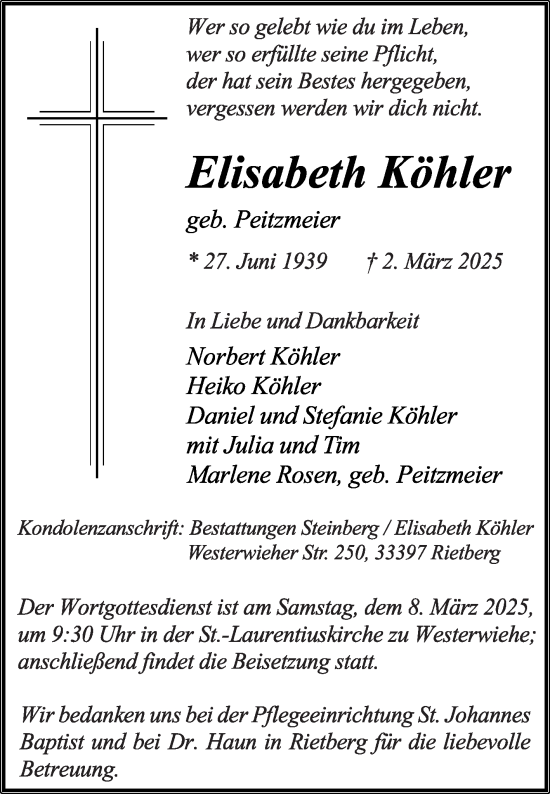 Traueranzeige von Elisabeth Köhler von Die Glocke