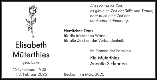 Traueranzeige von Elisabeth Müterthies von Die Glocke