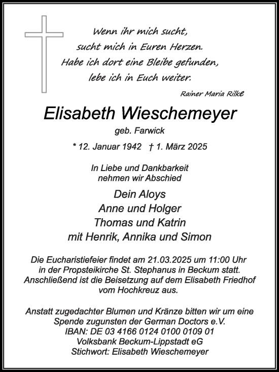 Traueranzeige von Elisabeth Wieschemeyer von Die Glocke