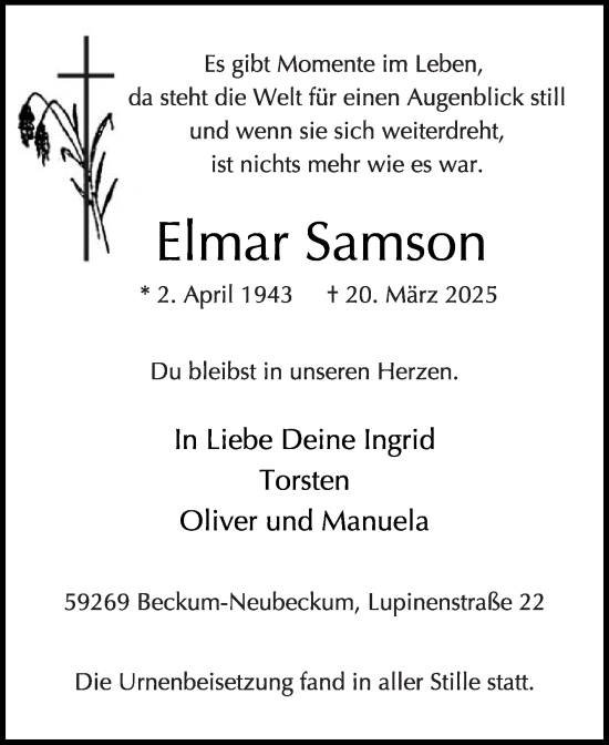 Traueranzeige von Elmar Samson von Die Glocke
