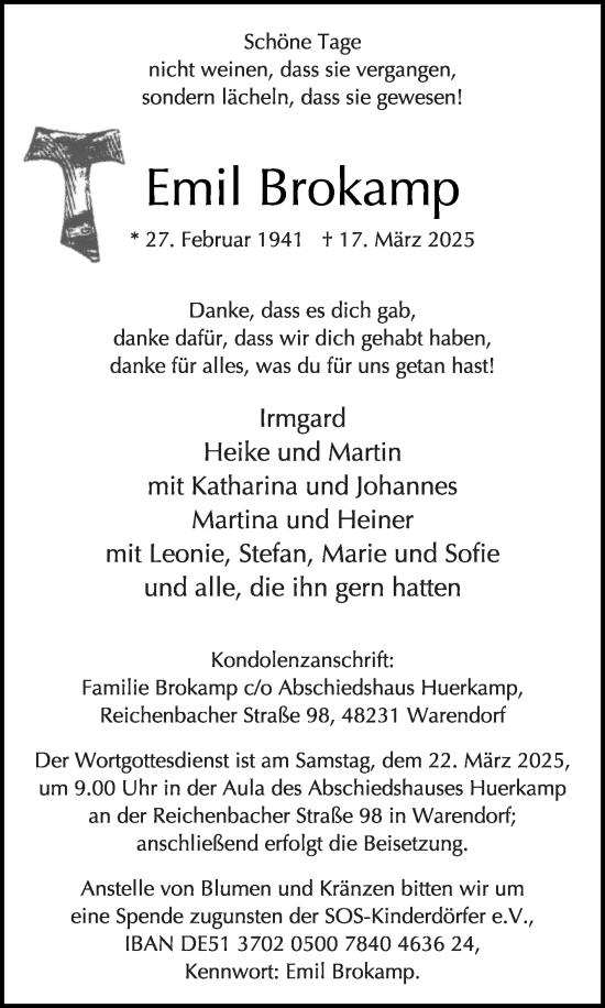Traueranzeige von Emil Brokamp von Die Glocke