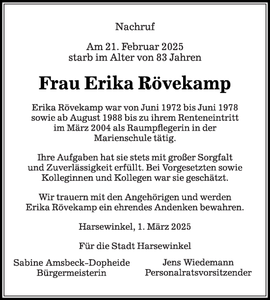 Traueranzeige von Erika Rövekamp von Die Glocke