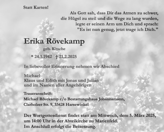Traueranzeige von Erika Rövekamp von Die Glocke