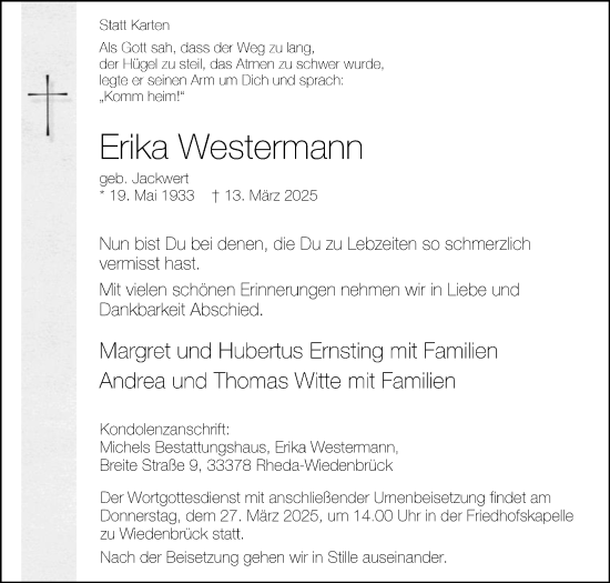 Traueranzeige von Erika Westermann von Die Glocke