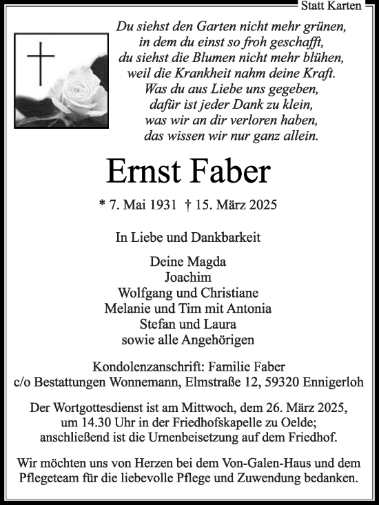 Traueranzeige von Ernst Faber von Die Glocke