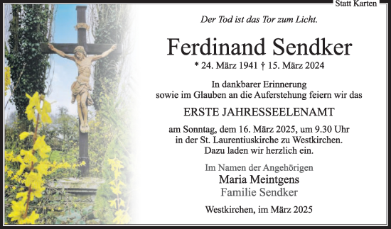 Traueranzeige von Ferdinand Sendker von Die Glocke