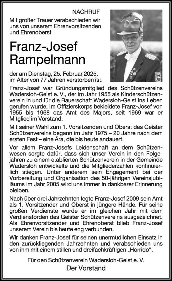Traueranzeige von Franz-Josef Rampelmann von Die Glocke