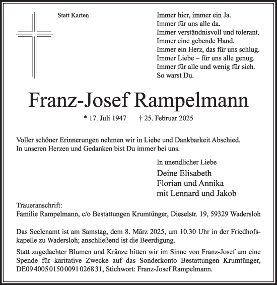 Traueranzeige von Franz-Josef Rampelmann von Die Glocke