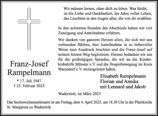 Traueranzeige von Franz-Josef Rampelmann von Die Glocke