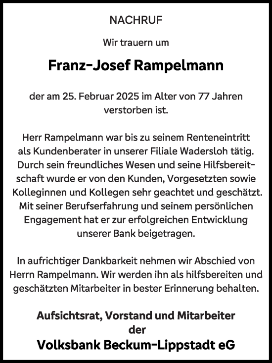Traueranzeige von Franz-Josef Rampelmann von Die Glocke
