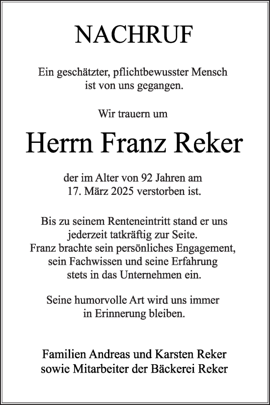 Traueranzeige von Franz Reker von Die Glocke