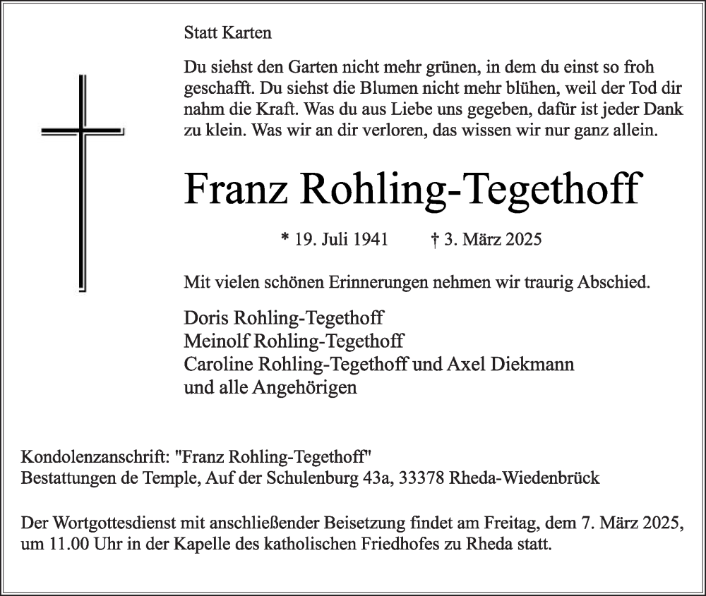  Traueranzeige für Franz Rohling-Tegethoff vom 06.03.2025 aus Die Glocke