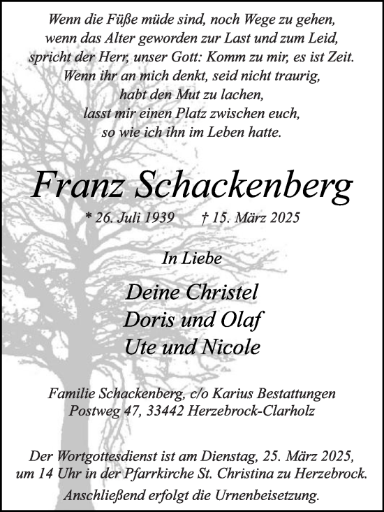 Traueranzeige von Franz Schackenberg von Die Glocke