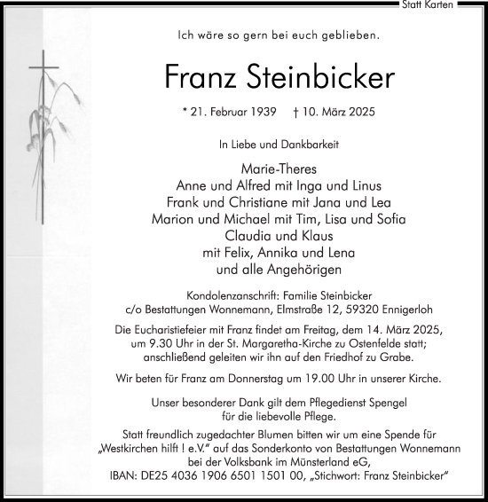 Traueranzeige von Franz Steinbicker von Die Glocke