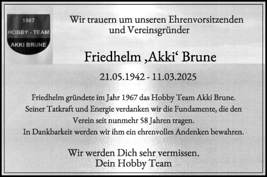 Traueranzeige von Friedhelm Brune von Die Glocke