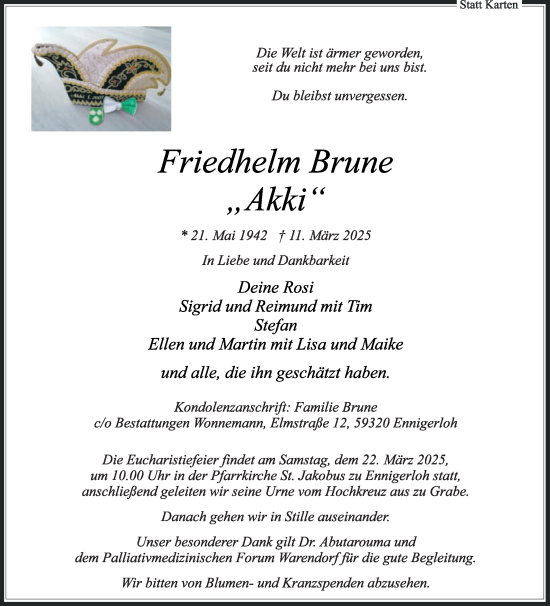 Traueranzeige von Friedhelm Brune von Die Glocke