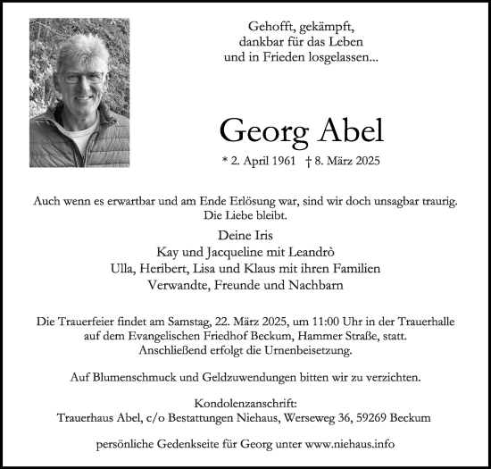 Traueranzeige von Georg Abel von Die Glocke
