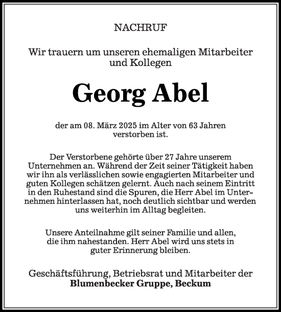 Traueranzeige von Georg Abel von Die Glocke