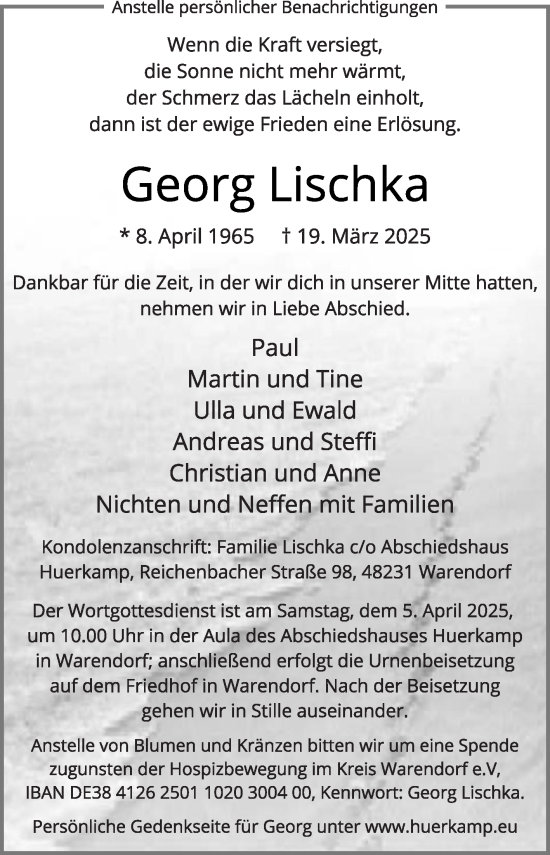 Traueranzeige von Georg Lischka von Die Glocke