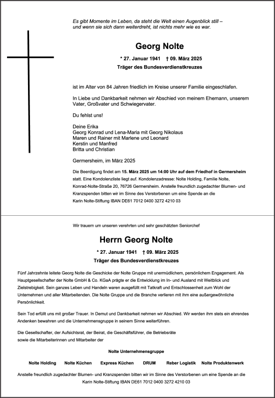 Traueranzeige von Georg Nolte von Die Glocke