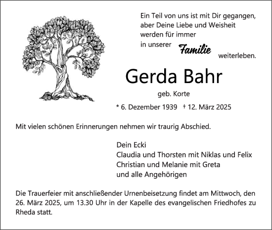 Traueranzeige von Gerda Bahr von Die Glocke