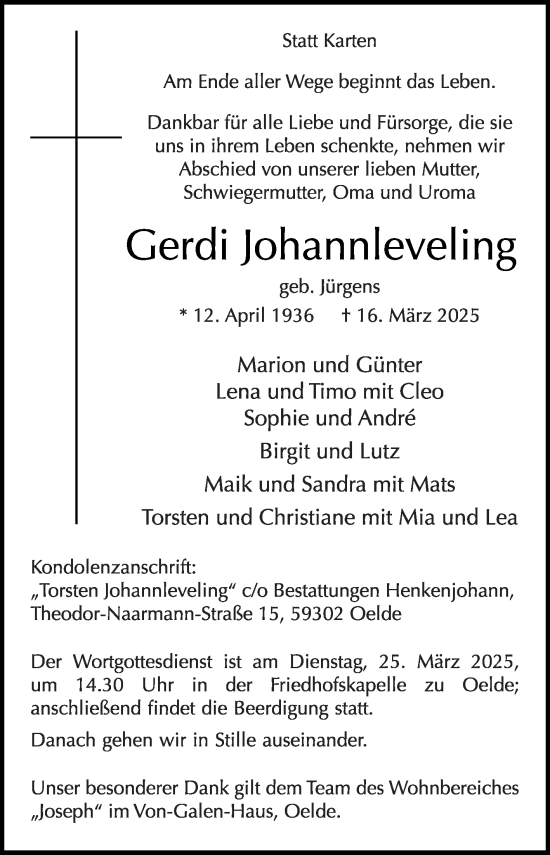 Traueranzeige von Gerdi Johannleveling von Die Glocke