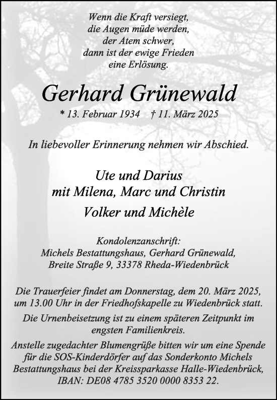 Traueranzeige von Gerhard Grünewald von Die Glocke