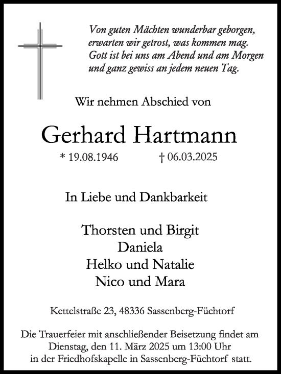 Traueranzeige von Gerhard Hartmann von Die Glocke
