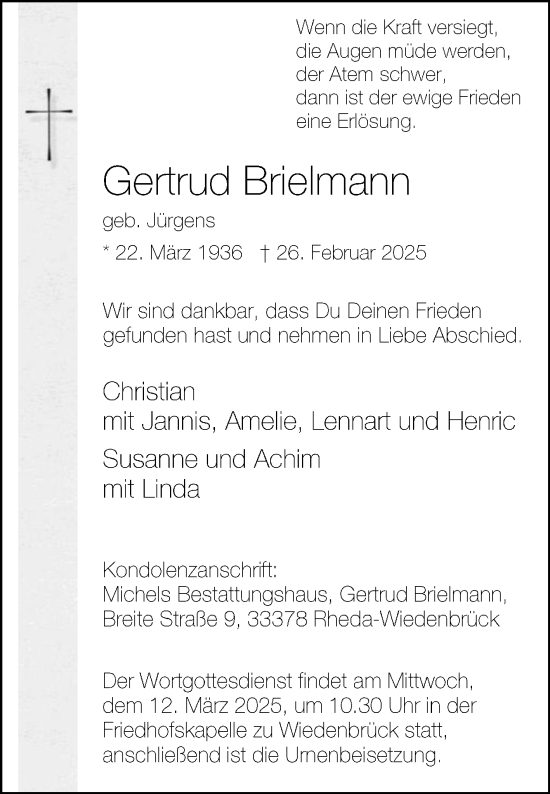 Traueranzeige von Gertrud Brielmann von Die Glocke