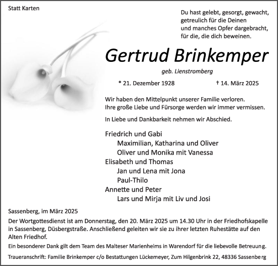 Traueranzeige von Gertrud Brinkemper von Die Glocke