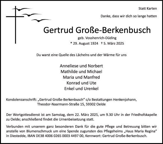 Traueranzeige von Gertrud Große-Berkenbusch von Die Glocke