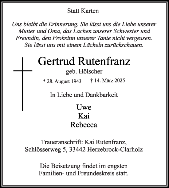 Traueranzeige von Gertrud Rutenfranz von Die Glocke