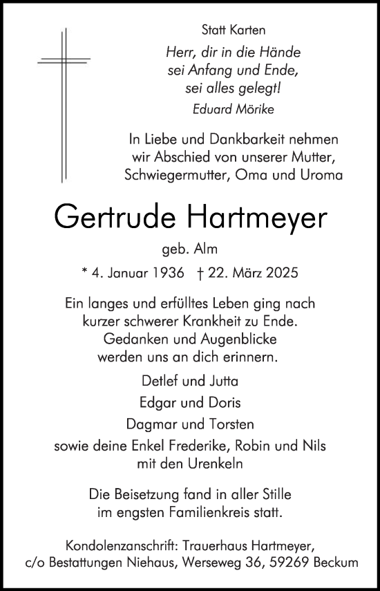 Traueranzeige von Gertrude Hartmeyer von Die Glocke