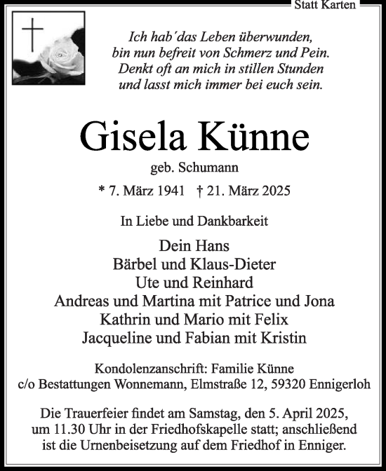 Traueranzeige von Gisela Künne von Die Glocke