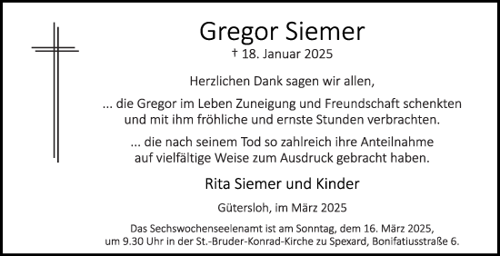 Traueranzeige von Gregor Siemer von Die Glocke