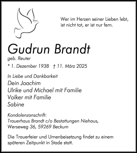 Traueranzeige von Gudrun Brandt von Die Glocke