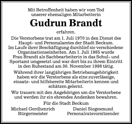 Traueranzeige von Gudrun Brandt von Die Glocke