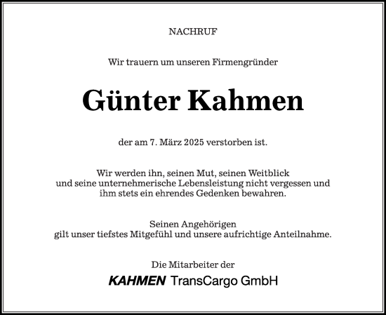 Traueranzeige von Günter Kahmen von Die Glocke