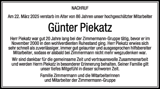Traueranzeige von Günter Piekatz von Die Glocke