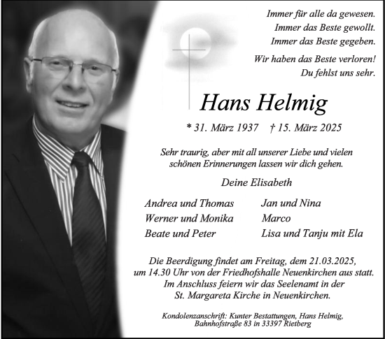 Traueranzeige von Hans Helmig von Die Glocke