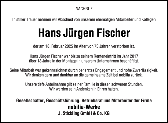 Traueranzeige von Hans Jürgen Fischer von Die Glocke