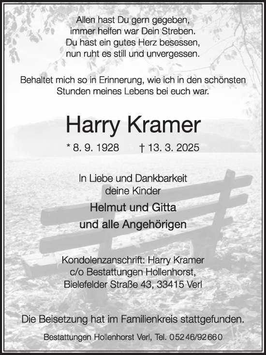 Traueranzeige von Harry Kramer von Die Glocke