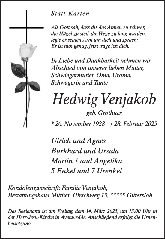 Traueranzeige von Hedwig Venjakob von Die Glocke