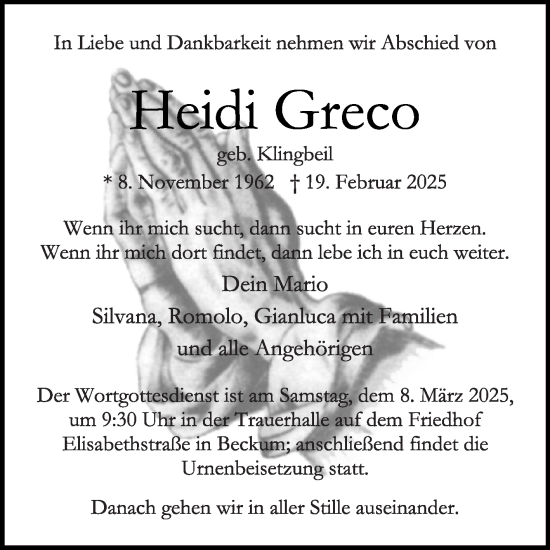 Traueranzeige von Heidi Greco von Die Glocke