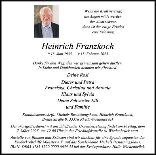 Traueranzeige von Heinrich Franzkoch von Die Glocke