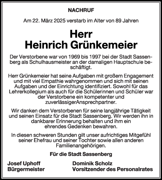 Traueranzeige von Heinrich Grünkemeier von Die Glocke