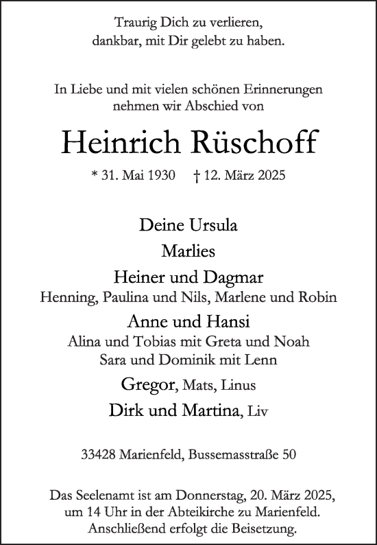 Traueranzeige von Heinrich Rüschoff von Die Glocke