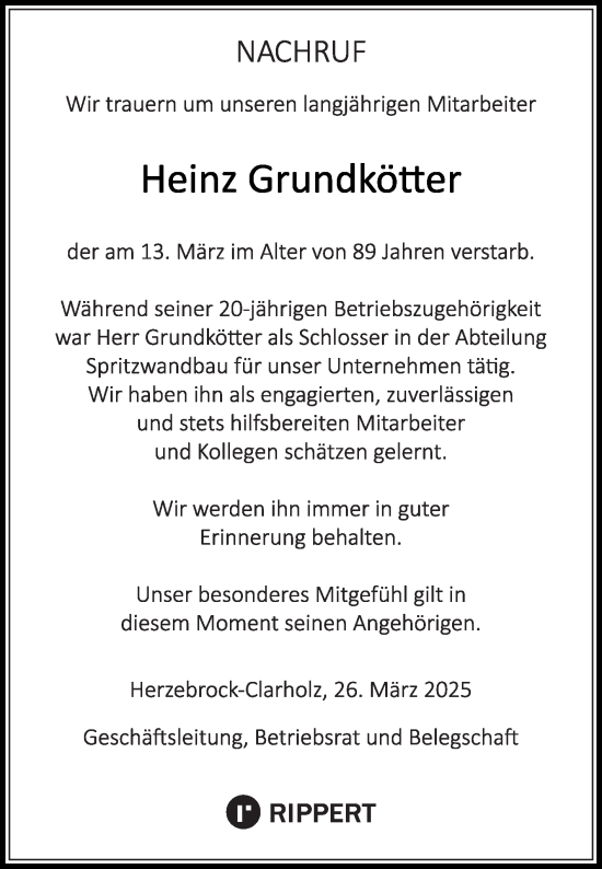 Traueranzeige von Heinz Grundkötter von Die Glocke