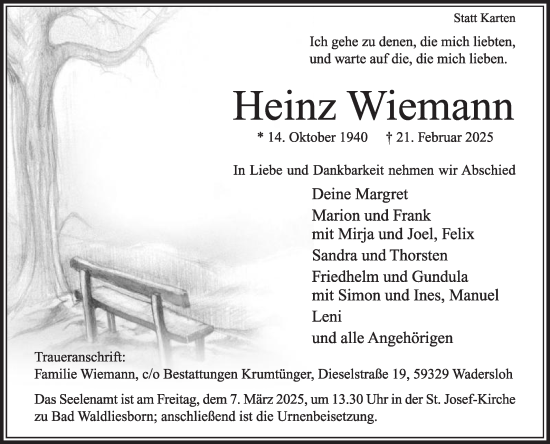 Traueranzeige von Heinz Wiemann von Die Glocke